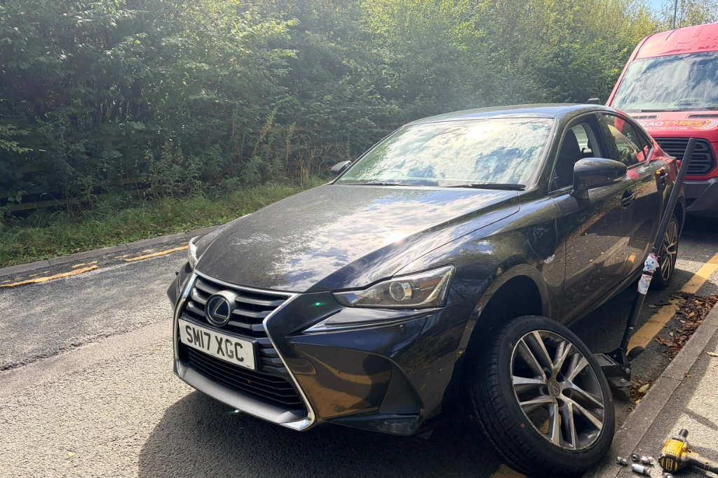 Buraq Tyres van assisting Lexus roadside in Great Harwood